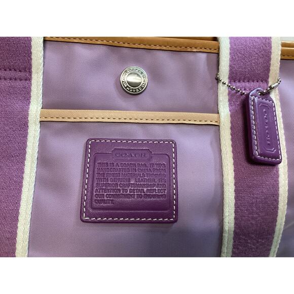 Coach Hamptons nylon tote bag purple striped and tan leather trim. - Picture 6 of 7